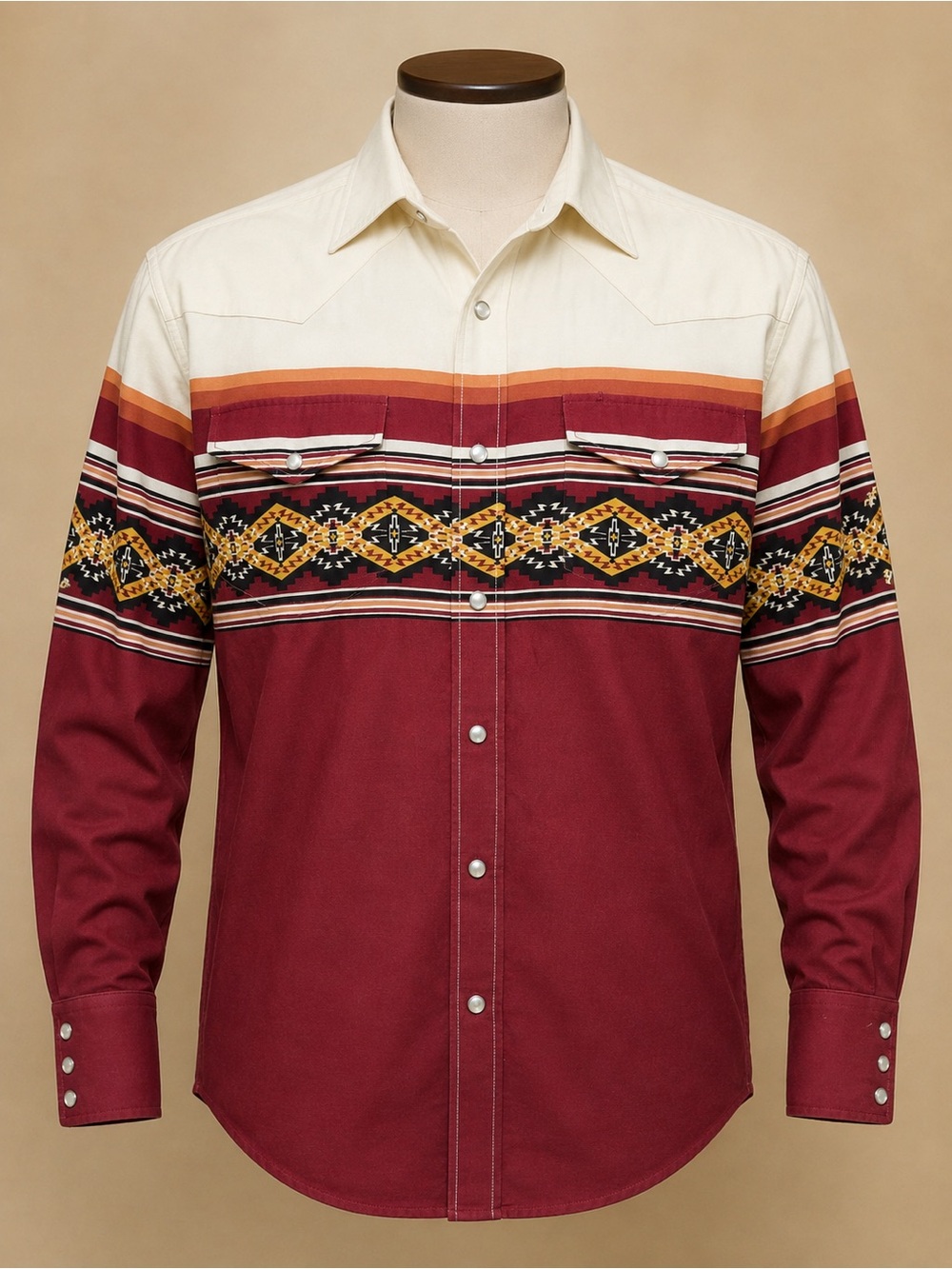 Roper Western Aztec Pearl Snap Shirt Men’s Large Burgundy Cowboy
